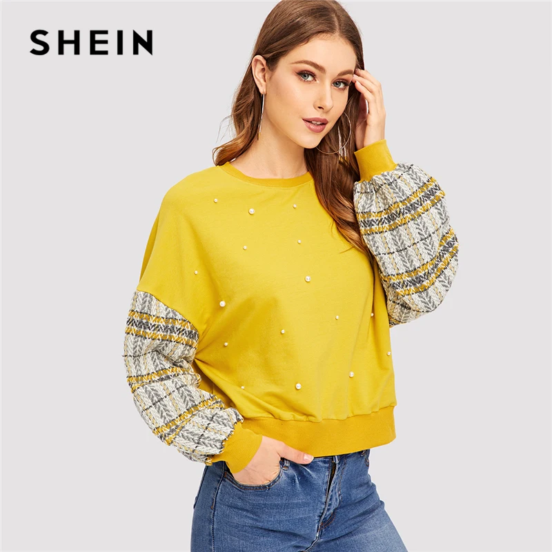 SHEIN Нарядный Свитшот С Контрастными Рукавами, Свитшот С Бусинами И Клетчатыми Рукавами