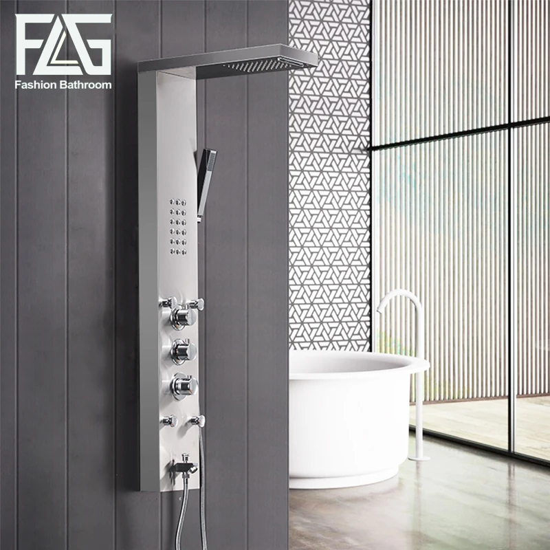 

FLG 304SUS Bathroom Thermostatic Rain Shower Panel Brushed Nickel Shower Column Tub Jets Hand Shower Wall Panels