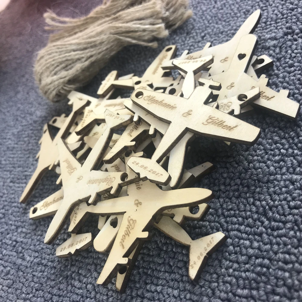 50 Pcs Personalized wedding Wooden Airplane Tags,rustic Bridal Shower wedding Favor tags,Custom name & date Wooden Plane Tags (3)