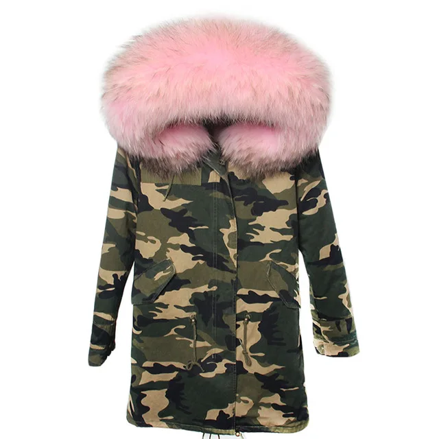 Мех Любовь Женщины Зима Camo Parka большой енота меховым воротником куртка с капюшоном Верхняя одежда 2 в 1 съемная подкладка зимняя куртка фирменный стиль - Цвет: color 1