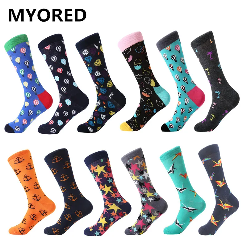 

MYORED 12 pairs/ lot Classic Colorful For Men's combed cotton socks Fruit geometric animal print Casual dress Funny Socks NO BOX