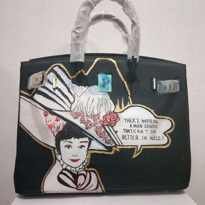 

Women's Handbags Hand Painting DIY Cartoon Elegant Lady Genuine Leather Litchi Pattern Tote bags Gold Hardware Christmas Gifts