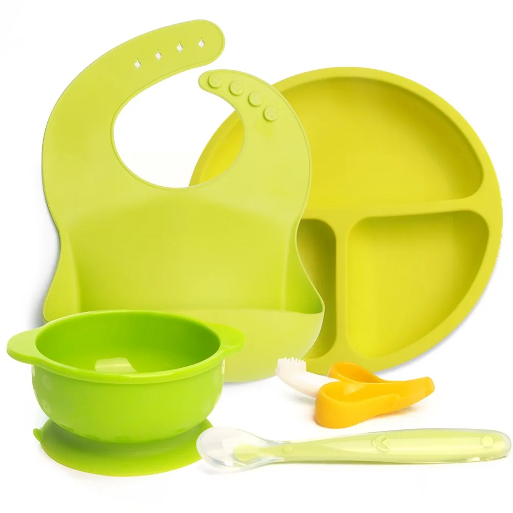 

Food Grade Silicone baby feeding Set Bib+Duction Bowl+Silicone Spoon+Baby Toother+Baby Green Baby Gift Set Eating Training