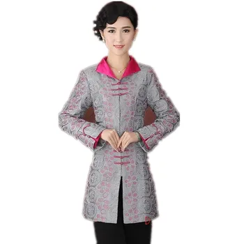 

New Style Gray Women's Satin Button Coat Applique Flower Long Jacket Miiddle-Aged Mother Classic Clothing Size S To 4XL