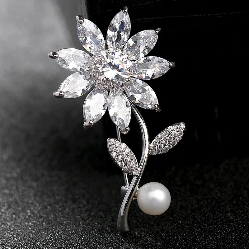 

Delicate Crystal Pearl Sunflower Brooches Pins Beautiful Sun Flower Plant Corsage Women Girls Dress Jewelry Wedding Bouquet Pin