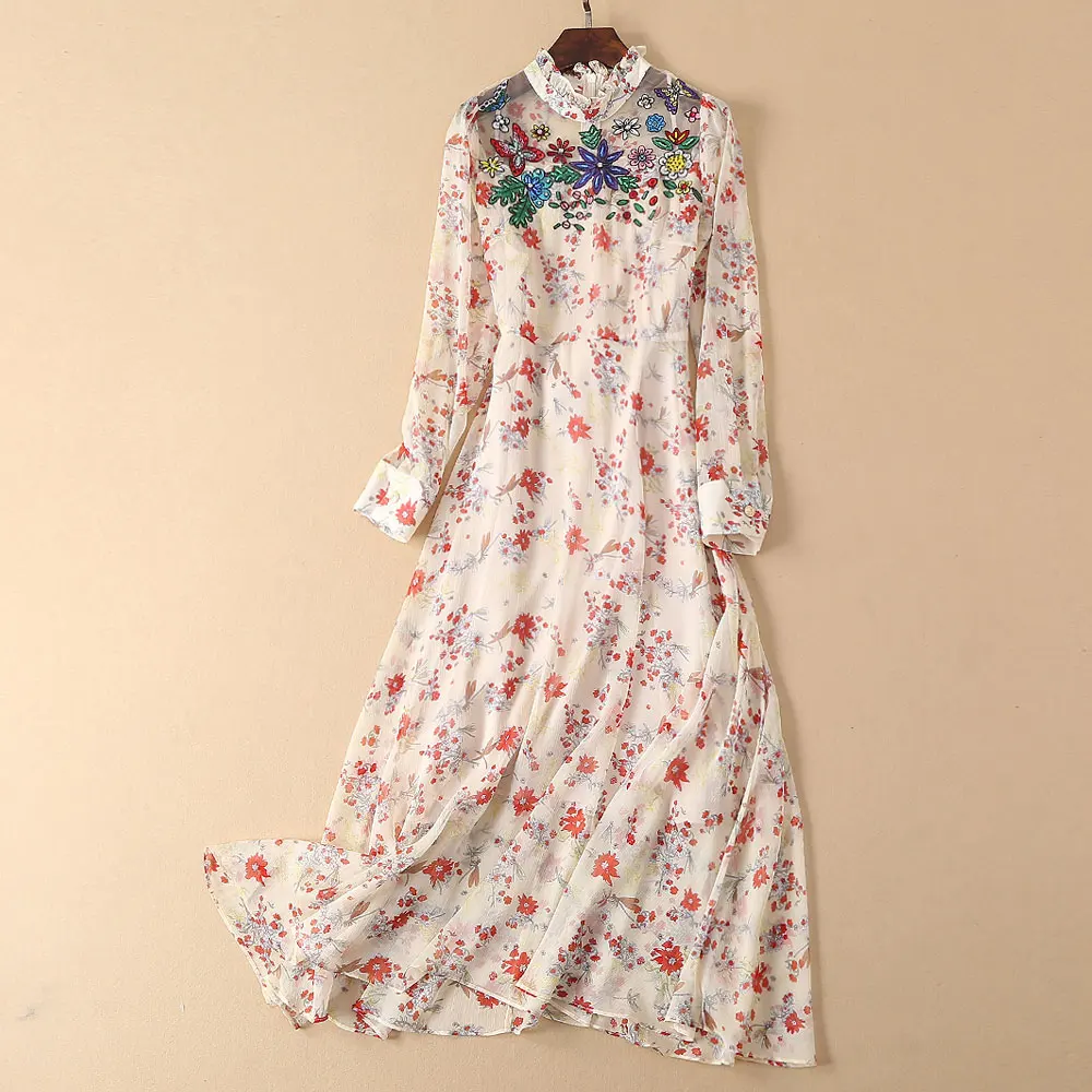 

Red RoosaRosee 2019 Runway Sexy Hot Chiffon Floral Embroidery Long Sleeve Dresses Women's Vestido Robe Femme Elegant Party Dress