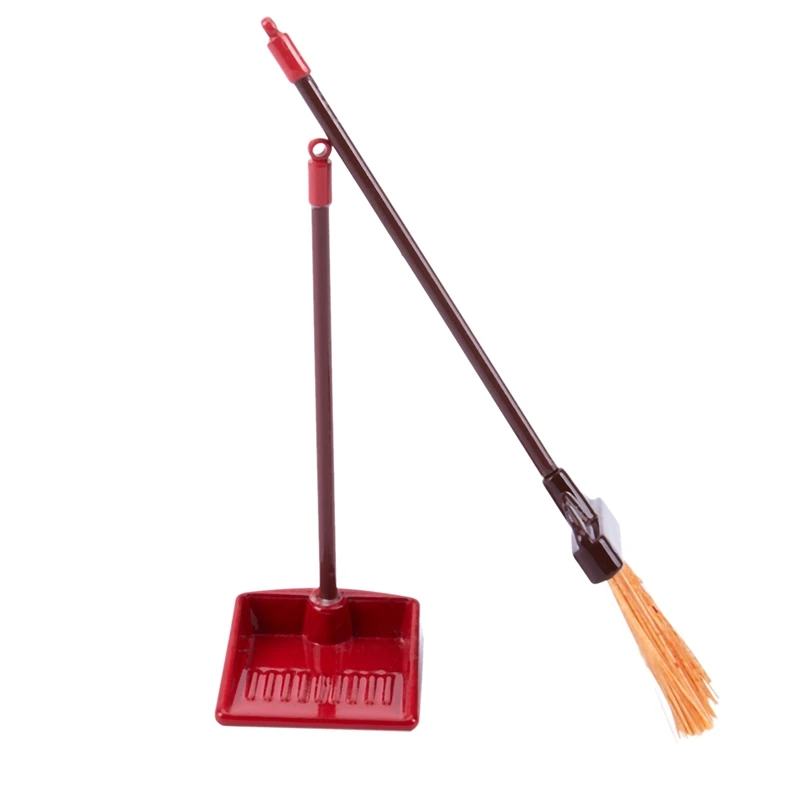 Dust Pan 2Pcs ♫ 1:12 Dollhouse Miniature Furniture Red Metal Long Handle Broom