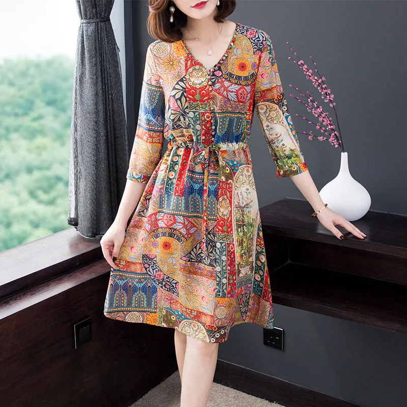

2019 Spring V-Neck Printed Vintage Dress Women Drawstring Slim Waist A-Line Elegant Ladies Dresses Three Quarter Sleeve Vestidos