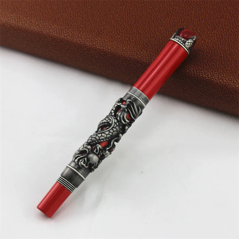 Золотой белый серебряный полудракон резной с Красным бриллиантом 0,7 мм Ручка-роллер