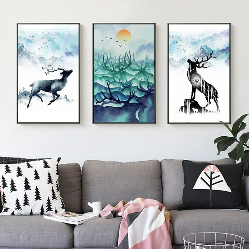 

Nordic Poster Ink Landscape Decoration Canvas Painting Elk Animals Modular Wall Pictures for living Room Home Decor No Frame