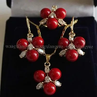 

8MM Red South sea Shell Pearl Earrings /Ring / Necklace Pendant Set 18">^^1>18K gold plated watch Quartz stone CZ crystal