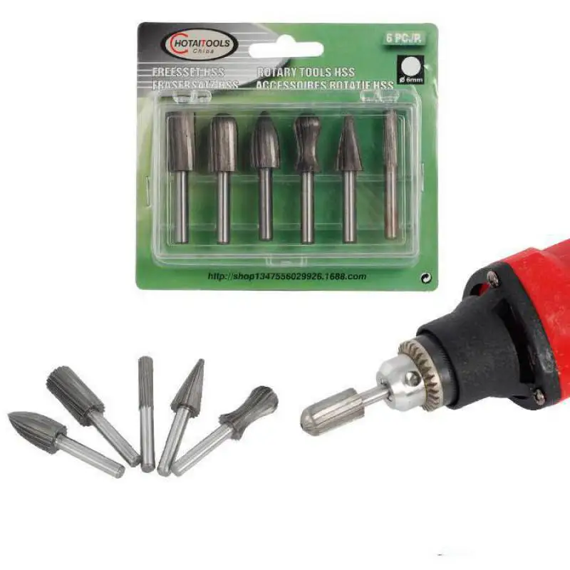 6pc 6mm Rotary Rasp Files 1/4" Burr Bit For Metal Plastic Wood Grinding