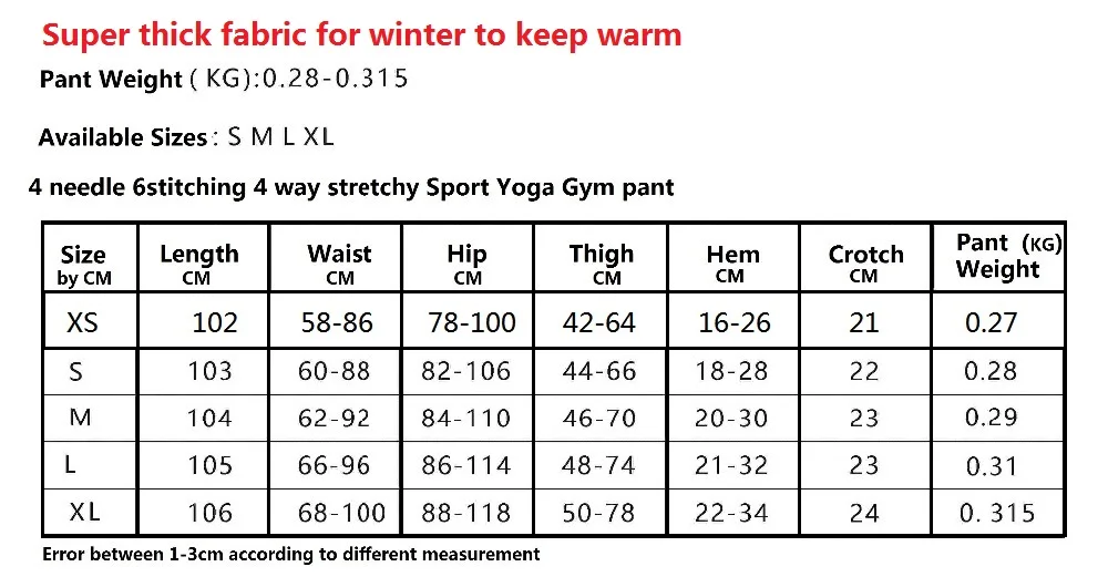 20171109 New thick fabric for winter yoga pants size chart