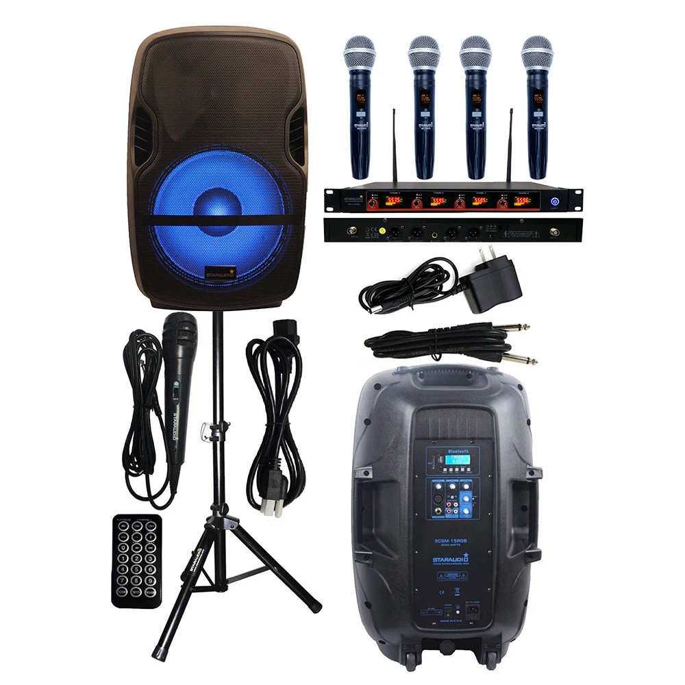 

STARAUDIO 15'' PA 2000W Powered Active DJ Club Speaker Audio Bluetooth Speaker Stand 4CH UHF Wireless IR Handheld Mic SCSM-15RGB
