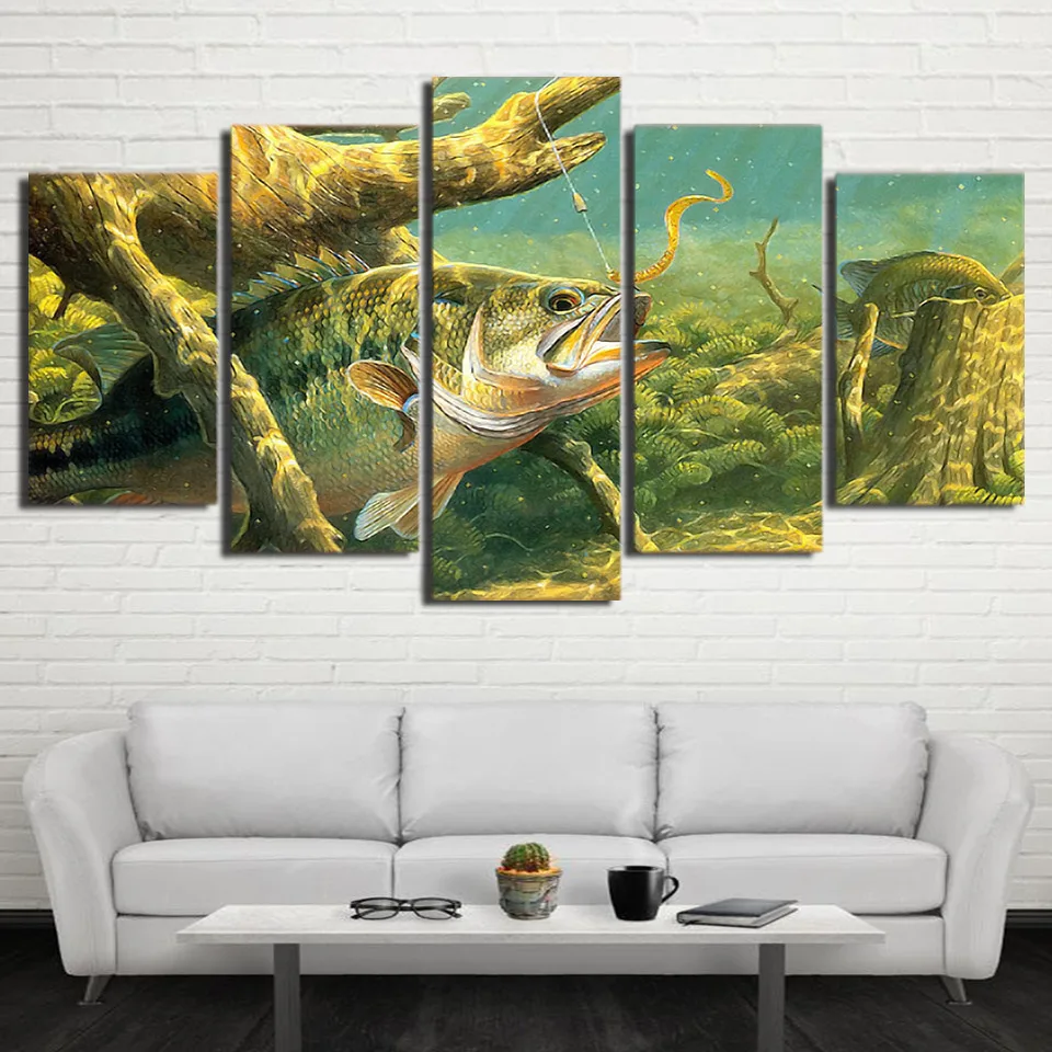 Bass Fishing Underwater Animal 5 Pieces Canvas Art Wall ...