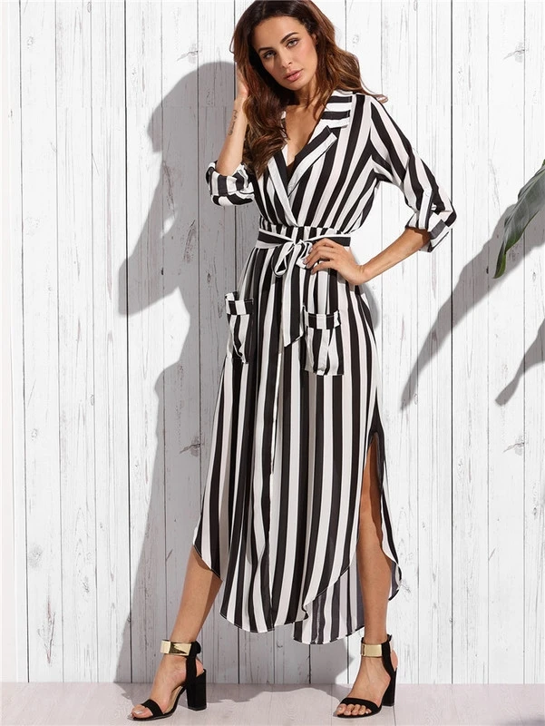 

New arrival 2019 maxi dresses for women Stripe V Neck High Waist Bifurcated sexy dress