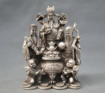 

7" China Silver Bronze Fu Lv Shou 3 Star Mammon Boy Fish Statue