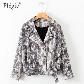 

Plegie European Style Women Vintage Snake Print Motorcycle Jacket Female Turn-down Collar Long Sleeve Autumn Jackets Coats