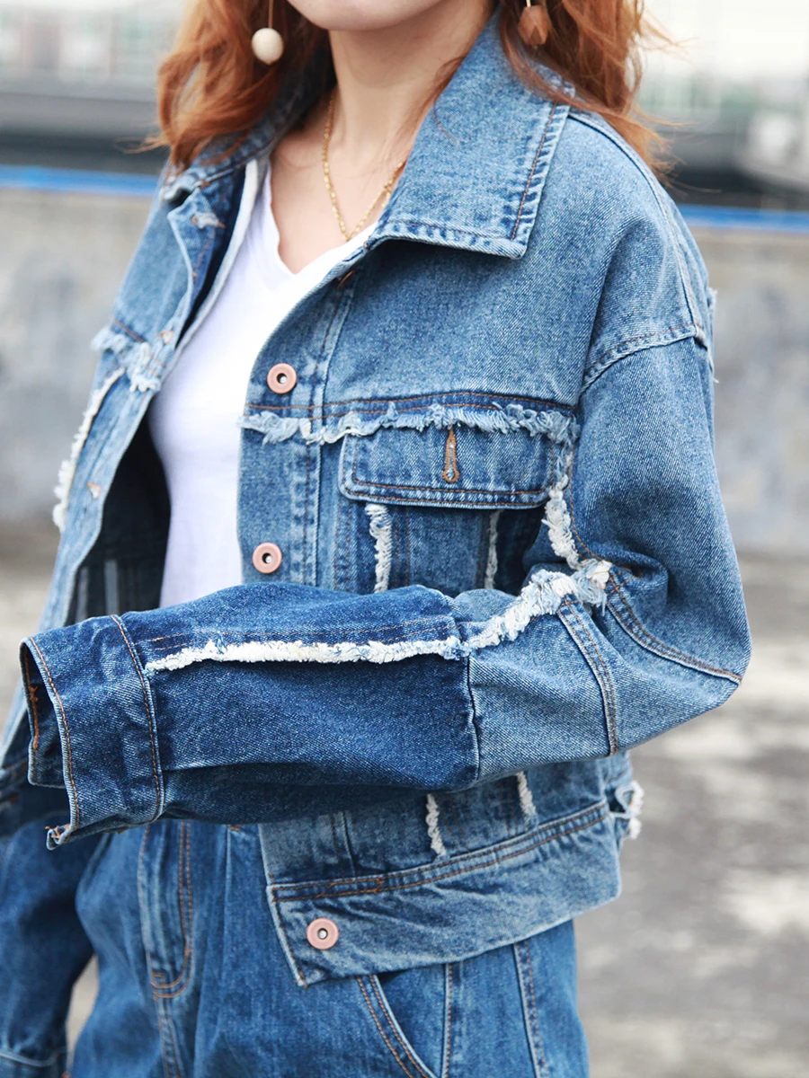 Vintage Femmes Taille Vestes Bleu Patchwork Large Demin Jeans High Manteaux Street Outerwears Courtes Coton fUqxwqTz