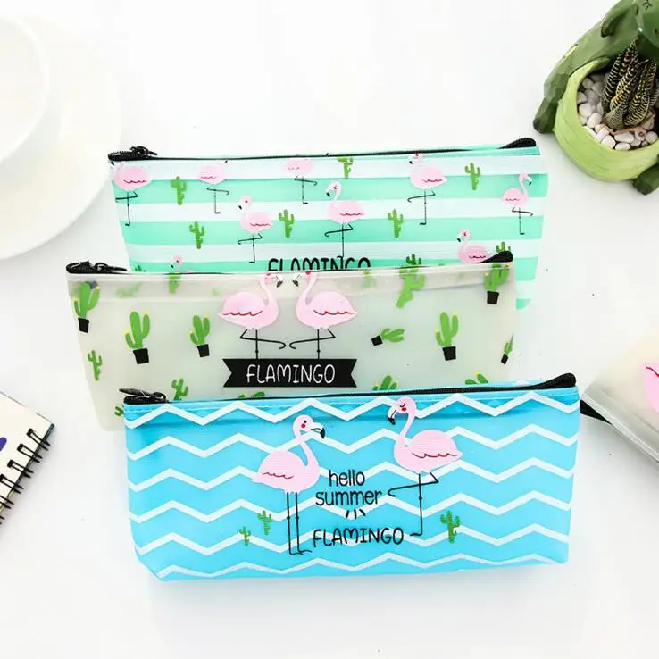 

1 Pieces Lytwtw's Kawaii Flamingo Pen Pencil Bag Striped Cactus PU School Stationary Receive Tools Makeup Pouch Cosmetics Case