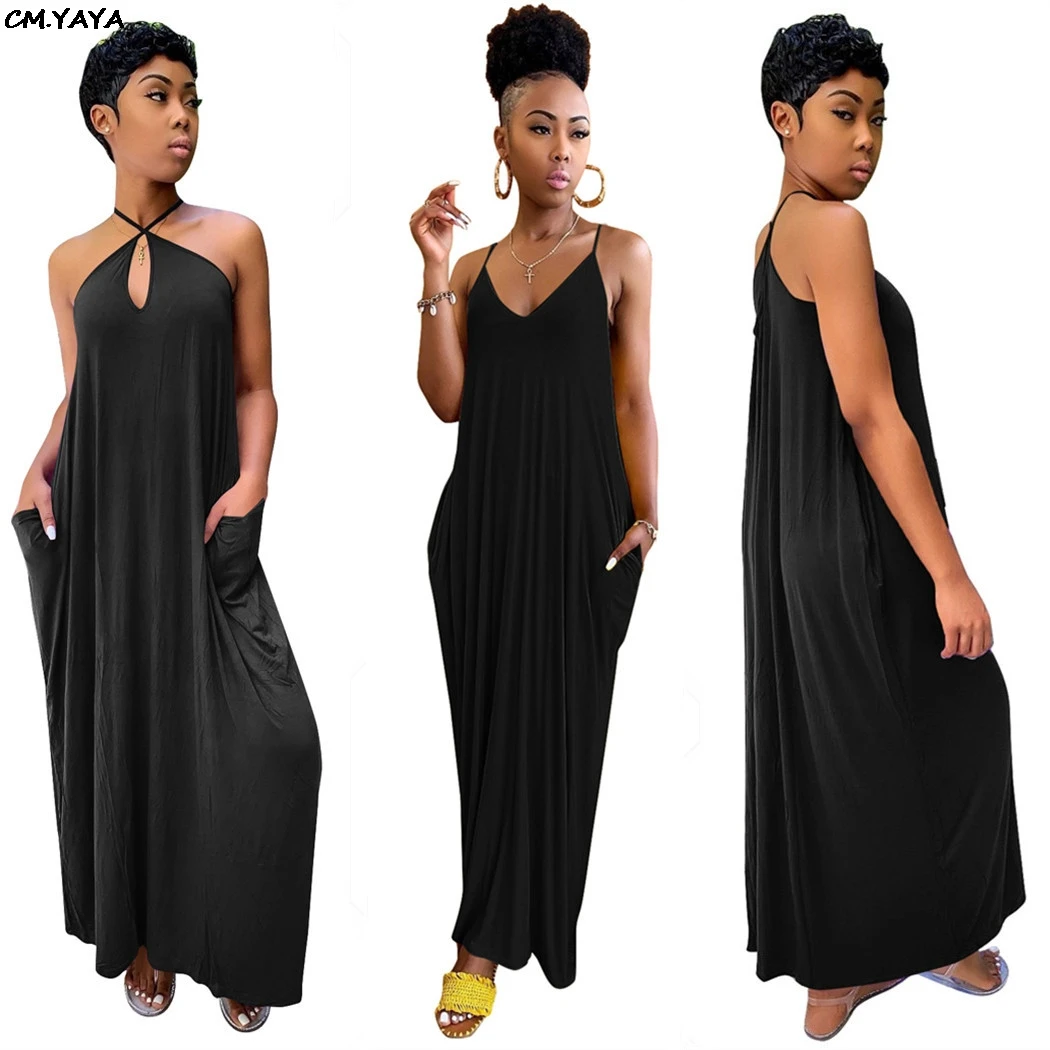 

2019 new women summer spaghetti strap sleeveless loose maxi dress beach fashion lady long dresses vestidos black outfit LS8013