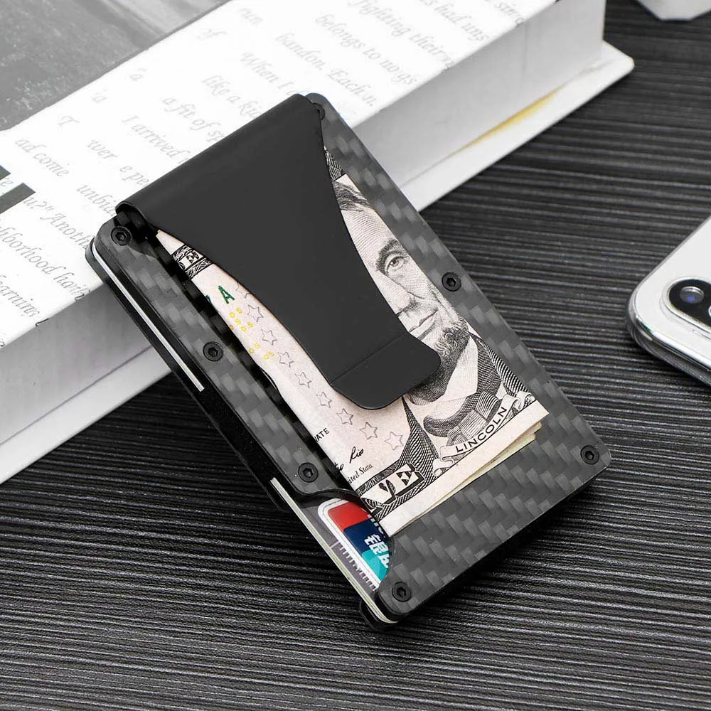 RFID Blocking Carbon Fiber Minimalist Ridge Money Clip Front Pocket Mens Wallet