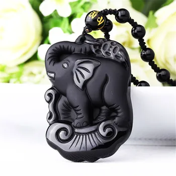 

Drop Shipping Natural Black Obsidian Carved Mother Baby Cute Elephant Amulet Lucky Pendant Necklace Fashion Jewelry Healing Gift