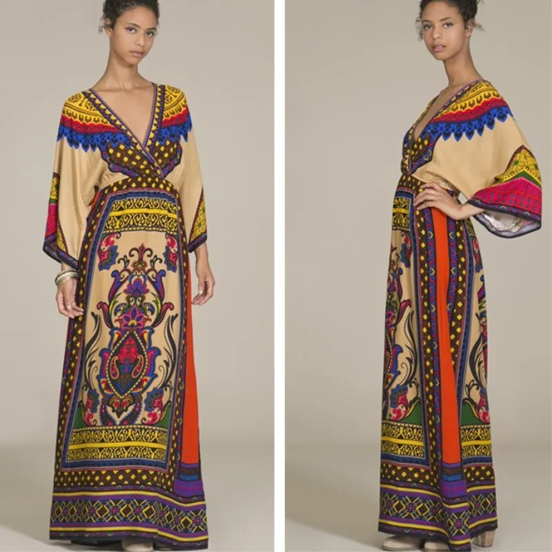 

Zmvkgsoa Beach Long Maxi Dresses for Women S-XXL Boho Clothes V Neck Placement Nine Sleeve Split Side African Print Dress Y13