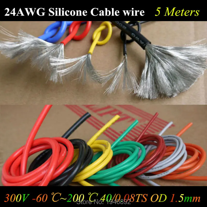 

5M 24 AWG Flexible Silicone Wire RC Cable 24AWG 40/0.08TS OD 1.6mm Tinned Copper Wire With 10 Colors to Select Test Line Cable