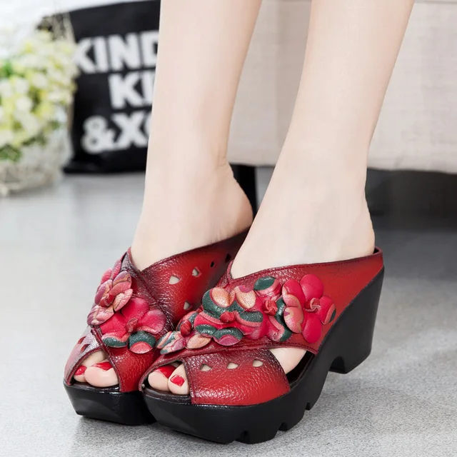 2021 Summer Classic Flowers Fashion Sandals Cow Leather Shoes Women Slippers Sandals Hollow Platform Shoes Woman Wedges Sandals 2