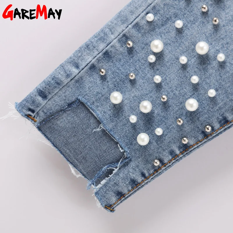 GAREMAY Beaded Womens Jeans With Beads Holes Beading Ripped Jeans With Pearls Fashion Slim Denim Pearl Jean Pants Woman Trousers