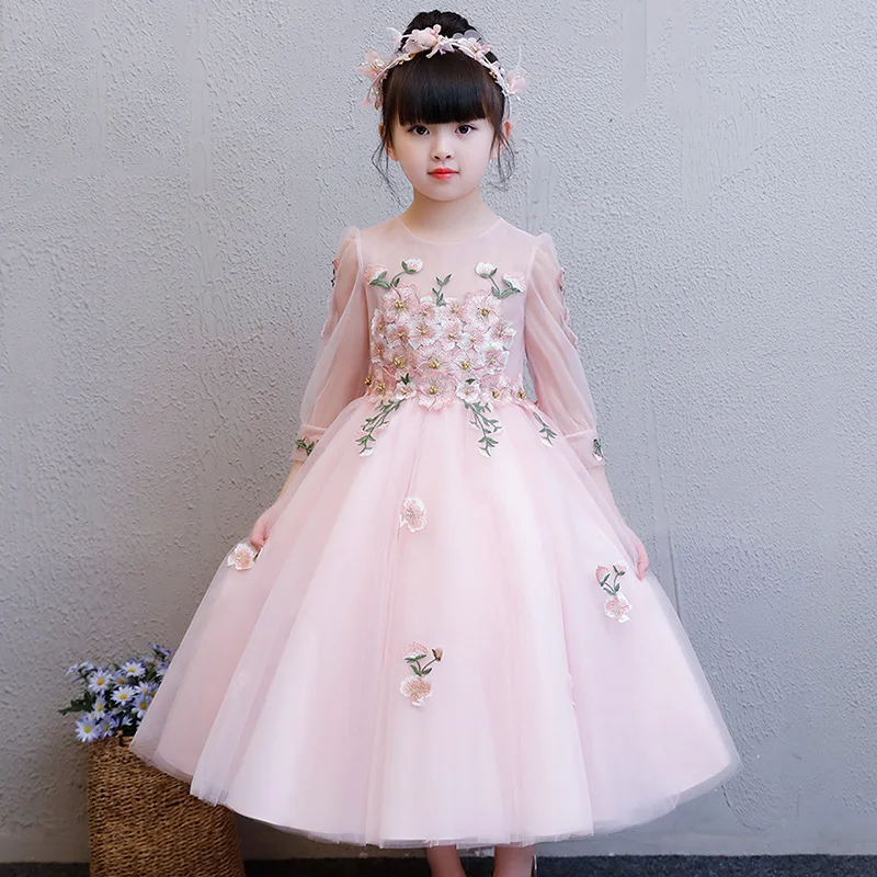 

Embroidery Holy Communion Dress Floral Beading Flower Girl Dresses for Wedding Tutu Princess Party Dress Birthday Gift B159