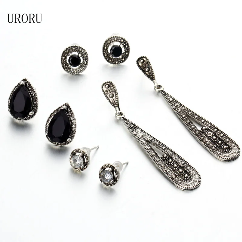 

URORU 4 Pairs/Set Women Bohemian Stud Earrings Set Vintage Silver Plated Earrings for Women Fashion Jewelry Dazzling Gifts