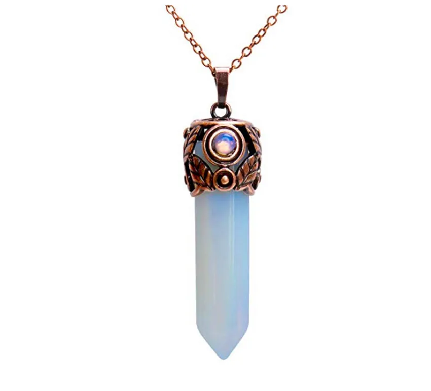 

FYJS Unique Jewelry Copper Plated Hexagon Column Opalite Opal Pendant Link Chain Necklace