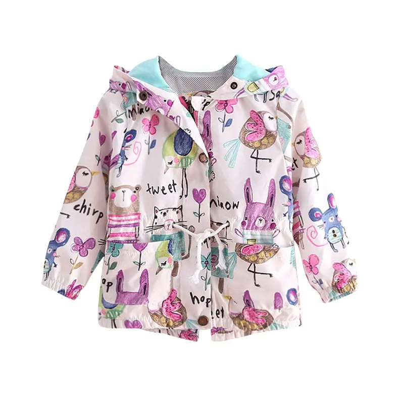 

Spring Children Clothing Baby Girl Jacket Cartoon Printing Windbreaker Long-Sleeved Zipper Jacket Hooded Baby Girl Coat Clothes