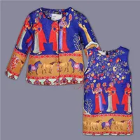 2016 New Custom Girls Children Clothing Sets Print Vintage Fashion Coat With Patterns And Vest Dresses Autumn Girls Wear