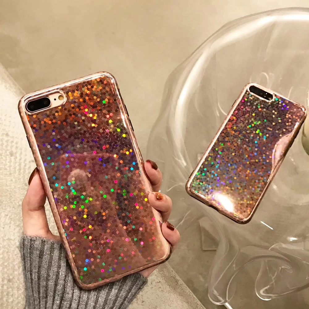 Розовый Золотой лазерный чехол для телефона с блестками iphone X 10 8 Plus Блестящий