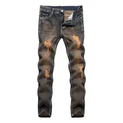 2018 Новый сезон: весна–лето рваные джинсы для Для мужчин отверстие уничтожены Дизайн облегающие брюки Джинсы для женщин Homme