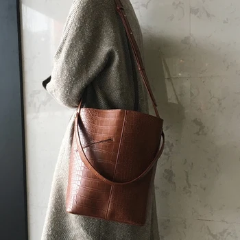 

New High Quality Allgator Leather Bucket Female Bag Fashion Vintage Crossbody Bags For Women Autumn Korean Style Shoulder Bag