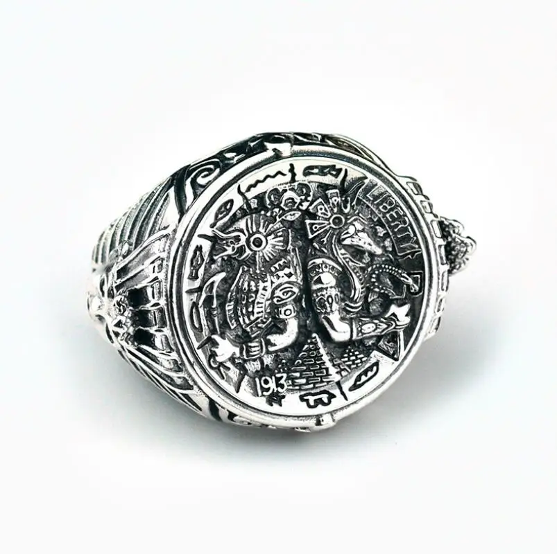 

S925 sterling silver men's retro exaggerated carved open adjustable ring Jewelry (HY)