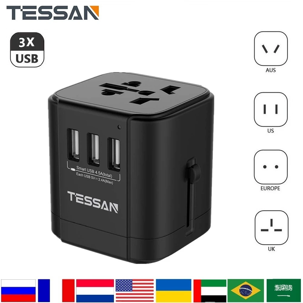 

TESSAN International Plug Adapter 3USB/4USB/2USB Port Outlet All-in-one Universal AC Adapter for US/EU/AU/UK Travle Adapter Plug