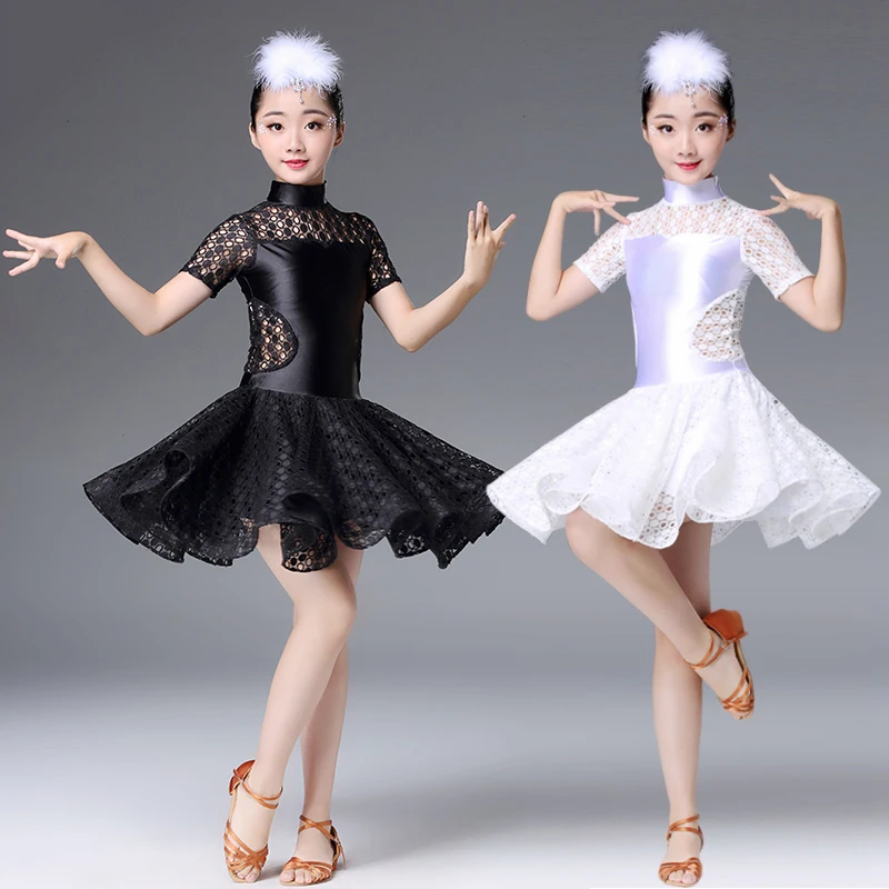 Латинское танцевальное платье для девочек, черно-белое кружевное платье с коротким рукавом, Детская Одежда для танцев Румба, танцевальная одежда для соревнований DN2701