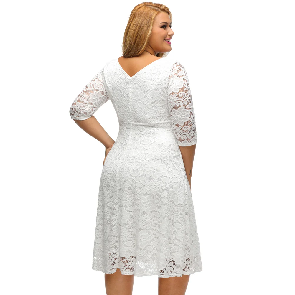 Romacci женское вечернее платье белое кружевное платье Высокое качество цветочный 3/4 рукав А-силуэт размера плюс женское черное платье с v-образным вырезом на молнии сзади