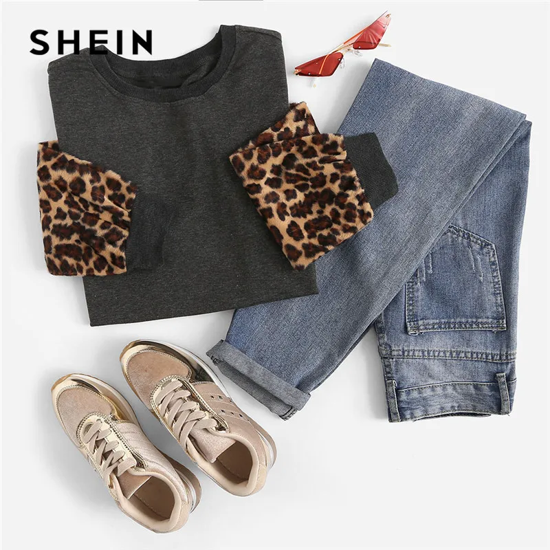  SHEIN Modern Lady Grey Highstreet Round Neck Long Sleeve Colorblock Leopard Sleeve Pullover 2018 Au