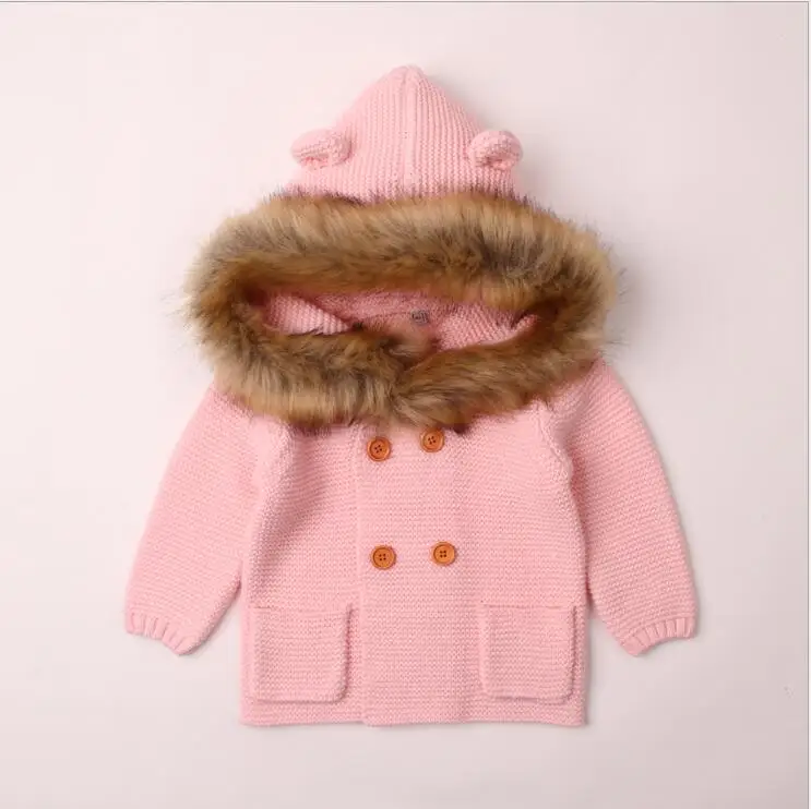 Зимний теплый свитер для новорожденных, вязаный кардиган серого цвета со съемным меховым капюшоном для маленьких мальчиков и девочек, Детская осенняя верхняя одежда, вязаная одежда для детей 0-24 месяцев - Цвет: Pink