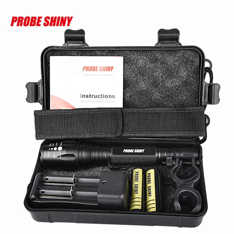 

PROBE SHINY 2Pcs X800 XML T6 LED Zoom Tactical Military Flashlight Super Torch Set 2x18650+US Plug Dropshipping #1101