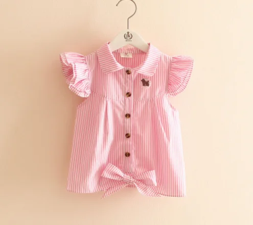 Pink Милые летние топы для малышей; блузка в полоску с оборками для девочек; повседневные хлопковые топы с короткими рукавами; одежда для малышей - Цвет: Pink