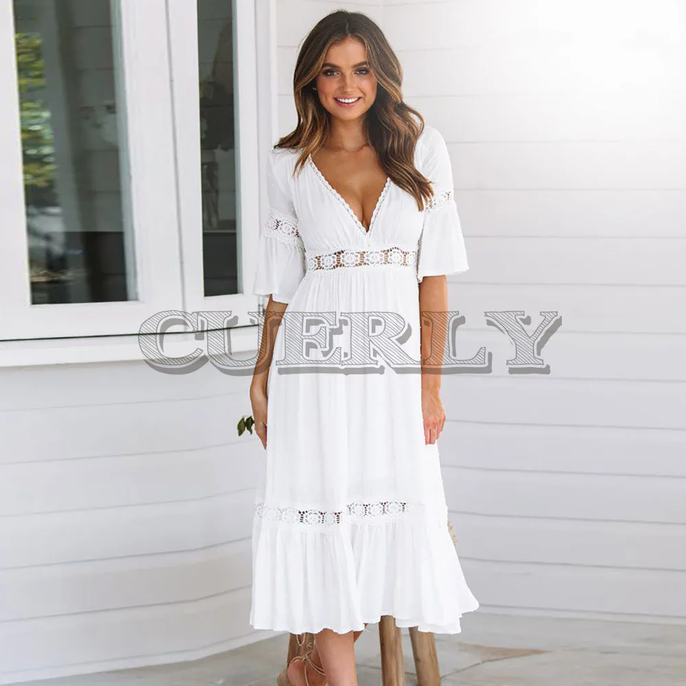 CUERLY новинка белое на шнуровке длинное сексуальное платье для женщин летнее v