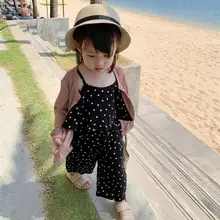 Детский летний хлопковый милый комбинезон без рукавов в горошек с оборками для девочек 2-7 лет