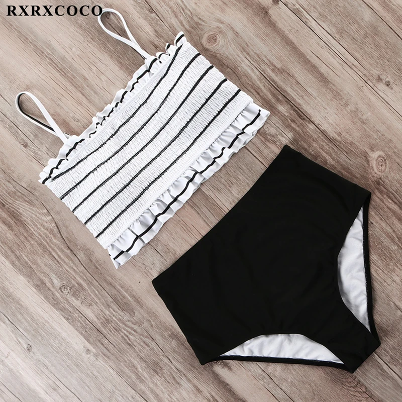 

RXRXCOCO Swimwear Women Swimsuit Smocking Bikinis High Waist Bikini Set Printed Swimming Suit Summer Ruffle Beach Wear 2019